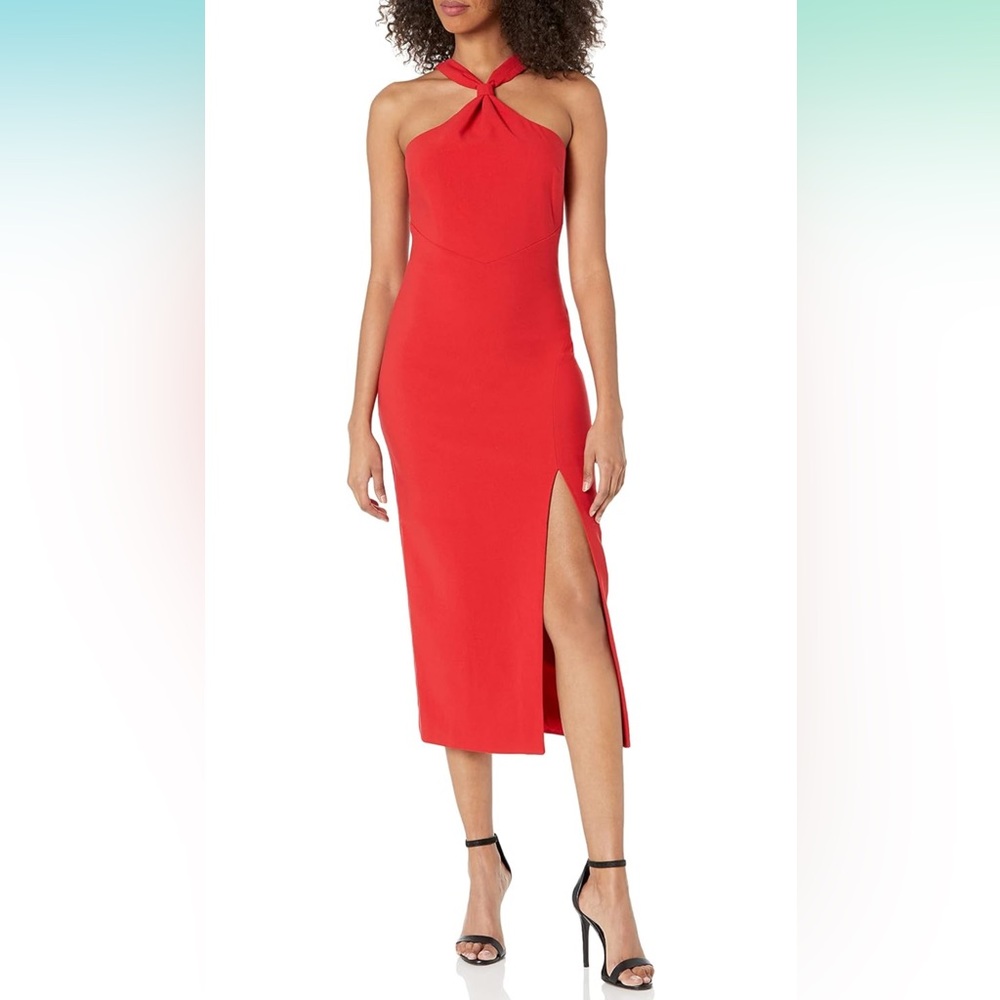 Likely Avie Gathered‑Neck Side‑Slit Midi Dress Red M NWT Halter Column Dress